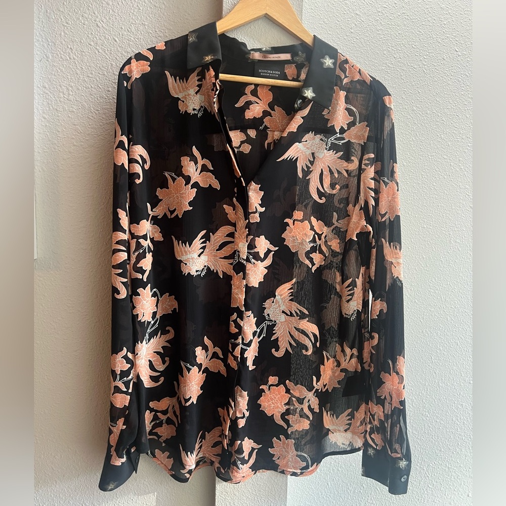 Scotch and soda sheer printed black blouse